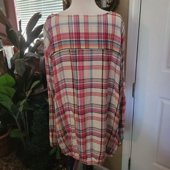 Lane Bryant Popover Top Tunic Pink White Plaid Cottage Western Size 26 28 SOFT - Picture 6 of 8
